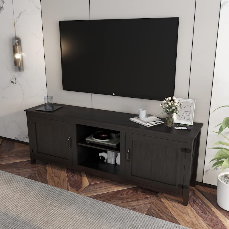 Wood TV Stand with Open Storage Shelves and Doors, Tradition